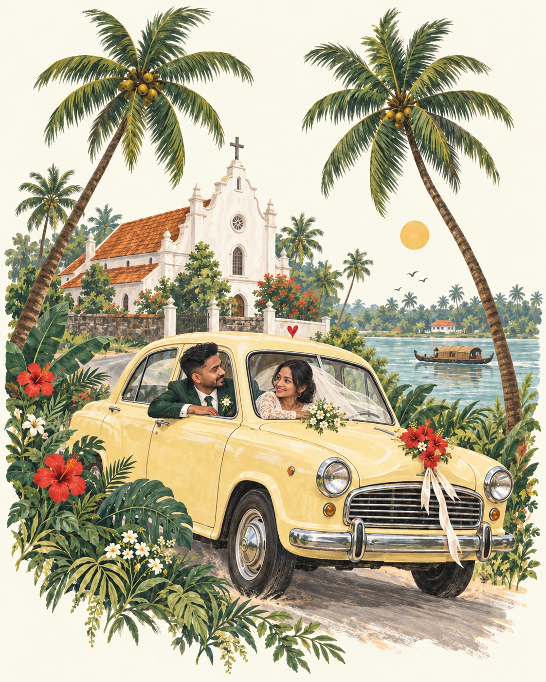 An illustrated bride and groom in a yellow wedding car, surrounded by Kerala palms, backwaters, and a white church